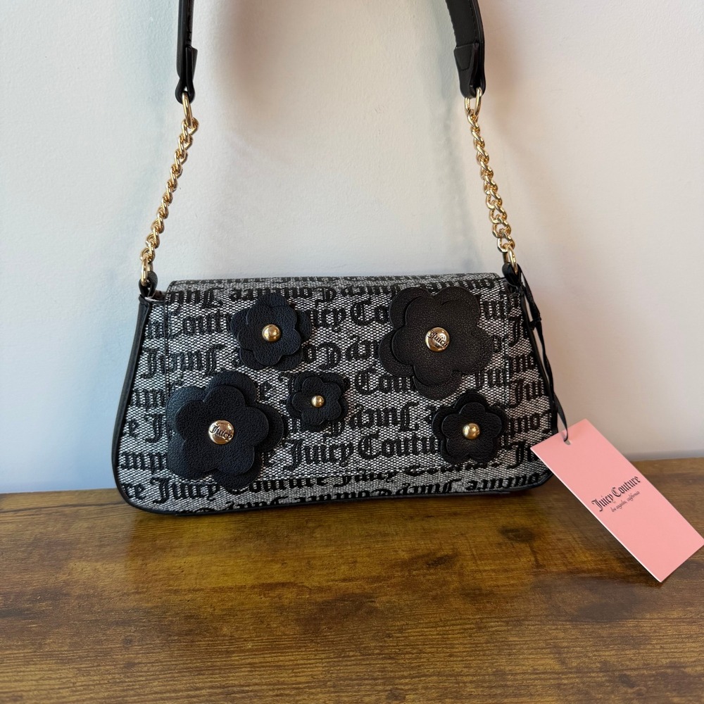 New Juicy Couture Bouquet Black Flap Shoulder Handbag Flowers Floral Cute Gold